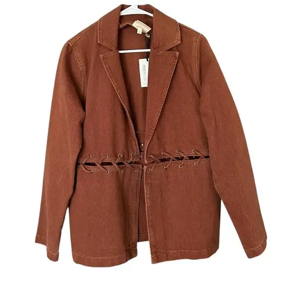 Free People Territory Denim Jacket Lace-Up Women's 10 Brown Western Milk It NEW - Picture 2 of 8